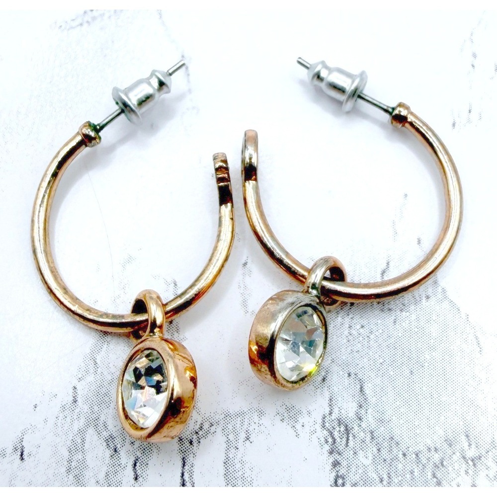 Origami Owl Rose Gold Hoop Earrings CZ Dangle 3/4" Glass Rhinestone